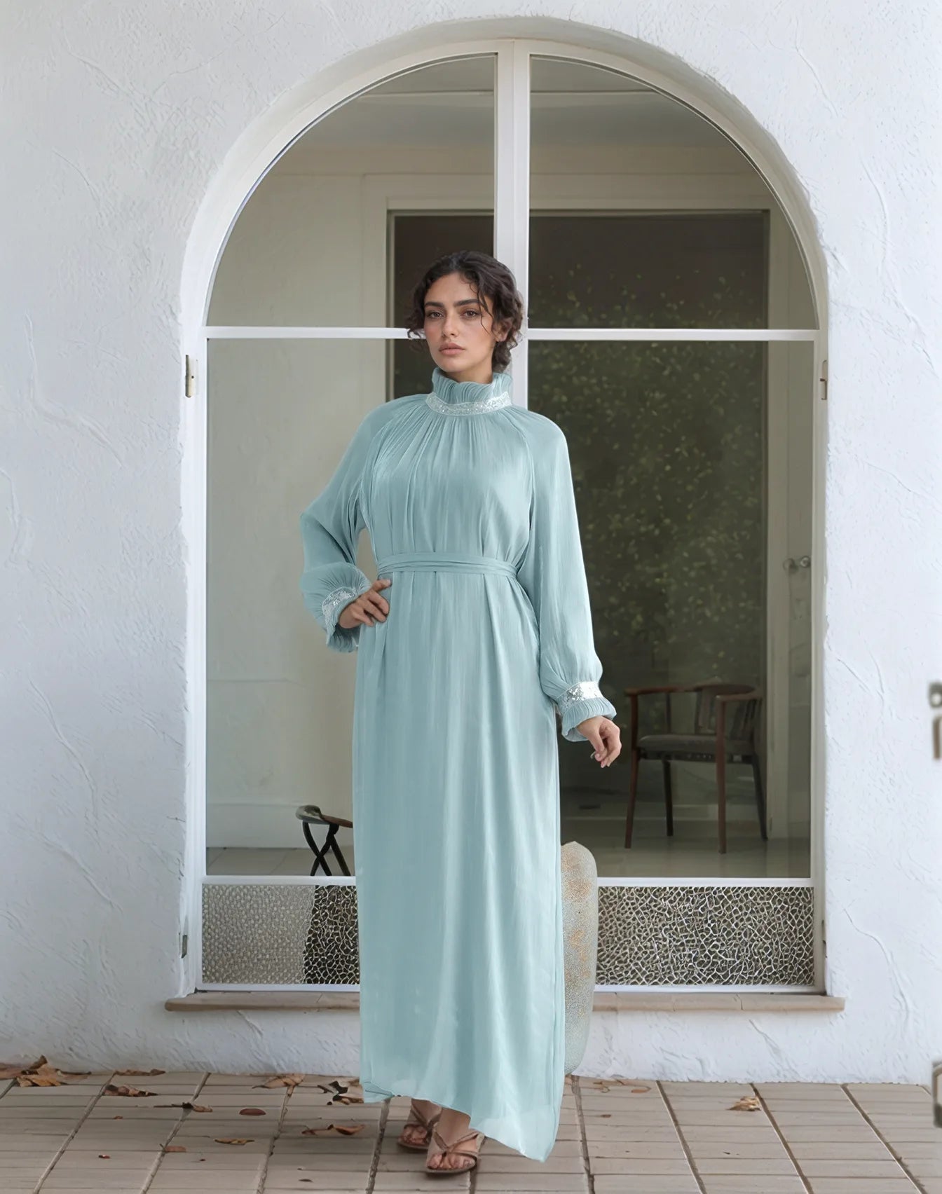 Elegant Shimmering Sequin Abaya Maxi Dress with Belt-MINT - MAHA THE LABEL