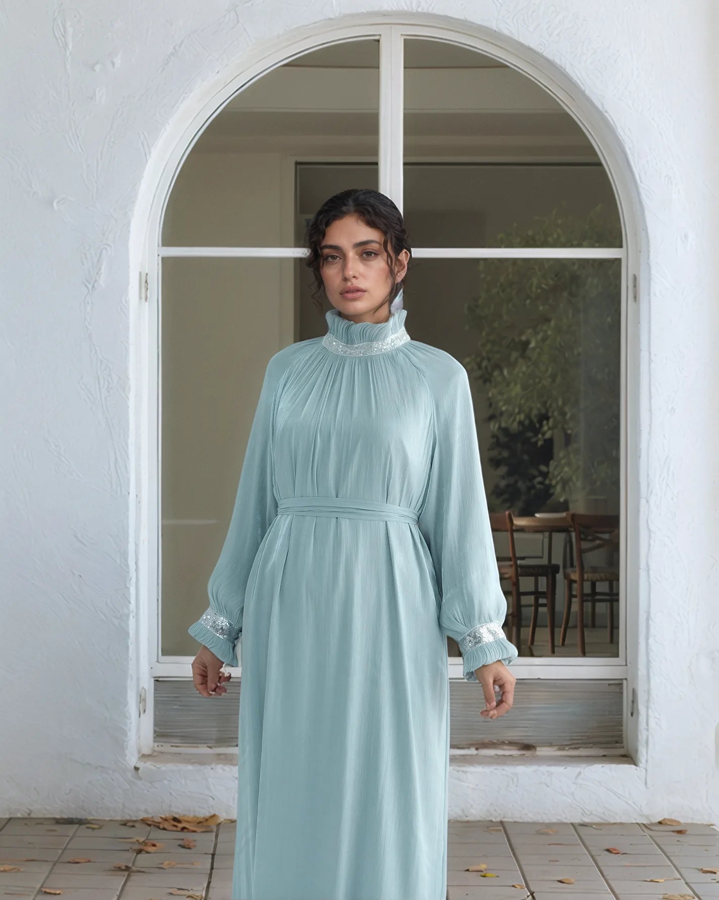 Elegant Shimmering Sequin Abaya Maxi Dress with Belt-MINT - MAHA THE LABEL