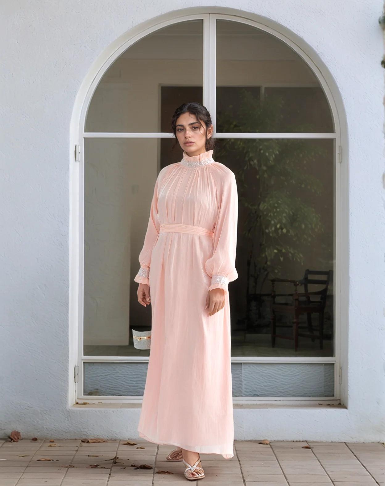 Elegant Shimmering Sequin Abaya Maxi Dress with Belt-PINK - Mahathelabel