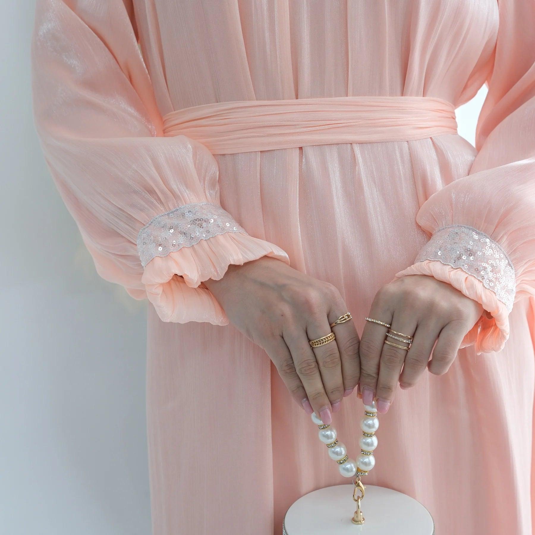 Elegant Shimmering Sequin Abaya Maxi Dress with Belt-PINK - Mahathelabel