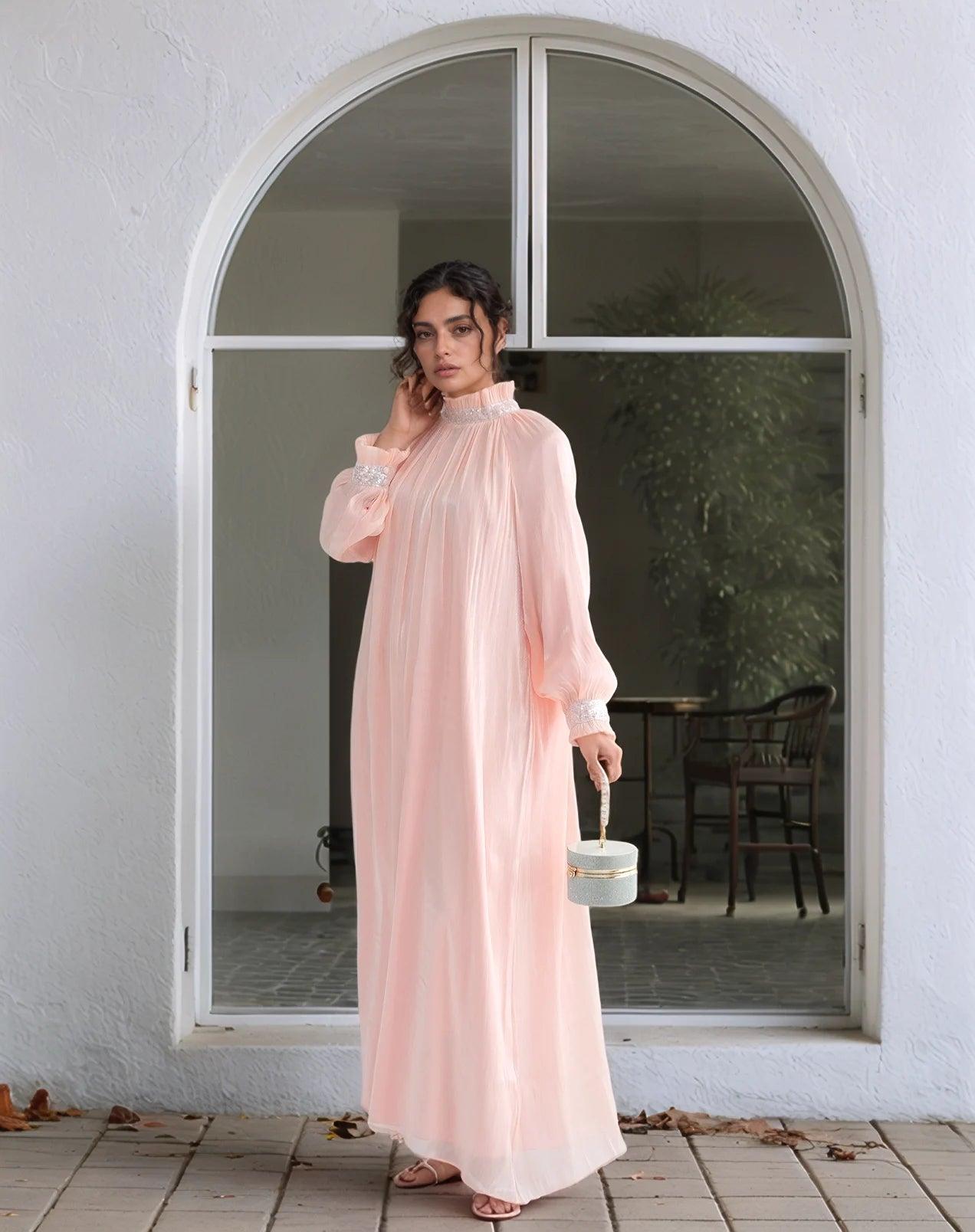 Elegant Shimmering Sequin Abaya Maxi Dress with Belt-PINK - Mahathelabel