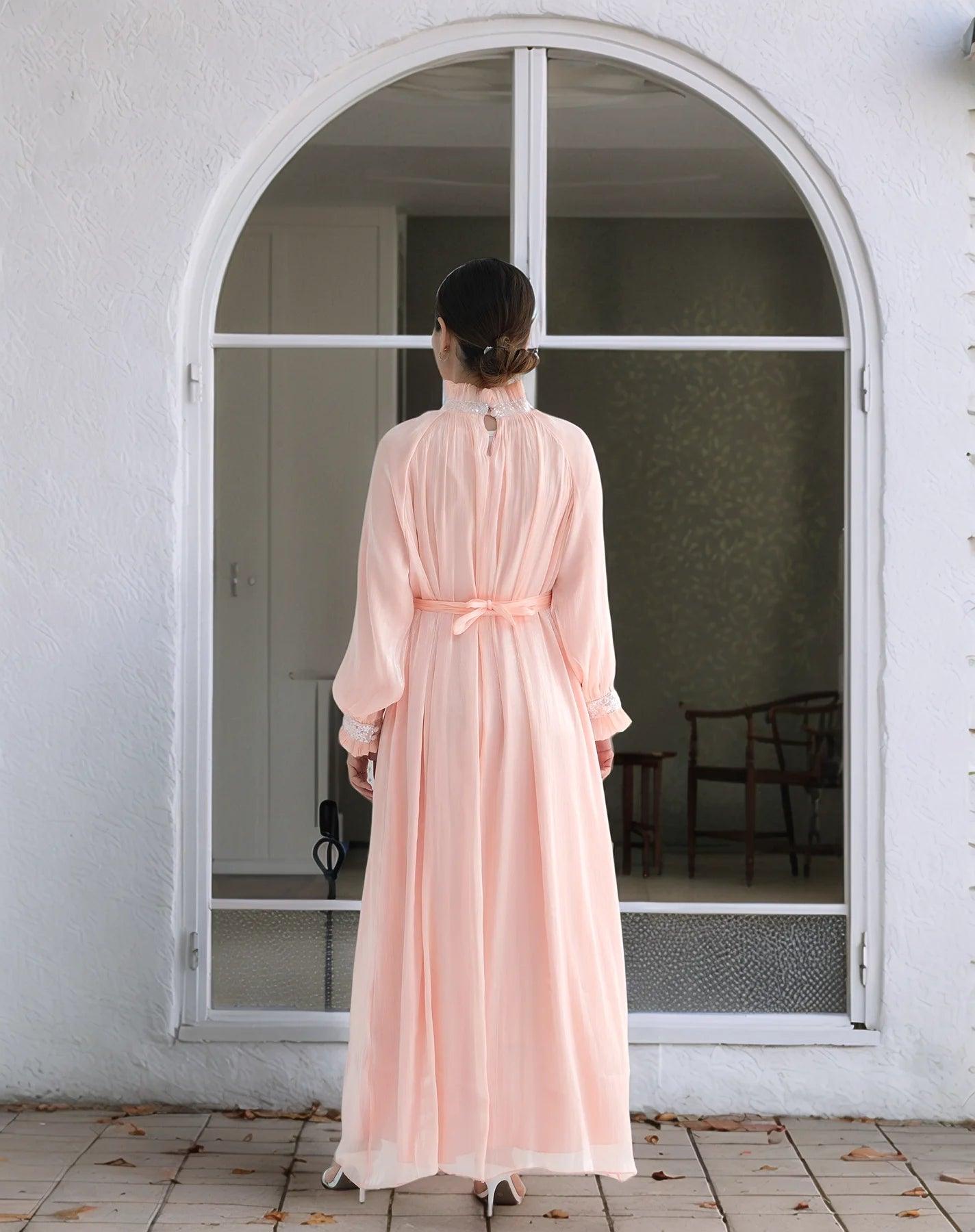 Elegant Shimmering Sequin Abaya Maxi Dress with Belt-PINK - Mahathelabel