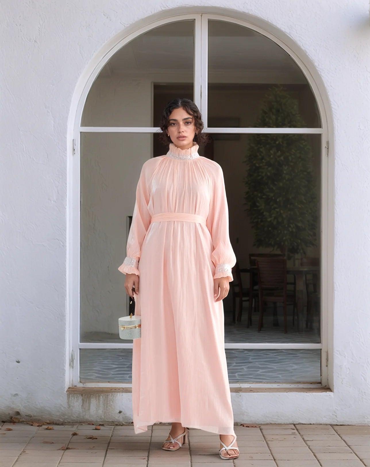Elegant Shimmering Sequin Abaya Maxi Dress with Belt-PINK - Mahathelabel