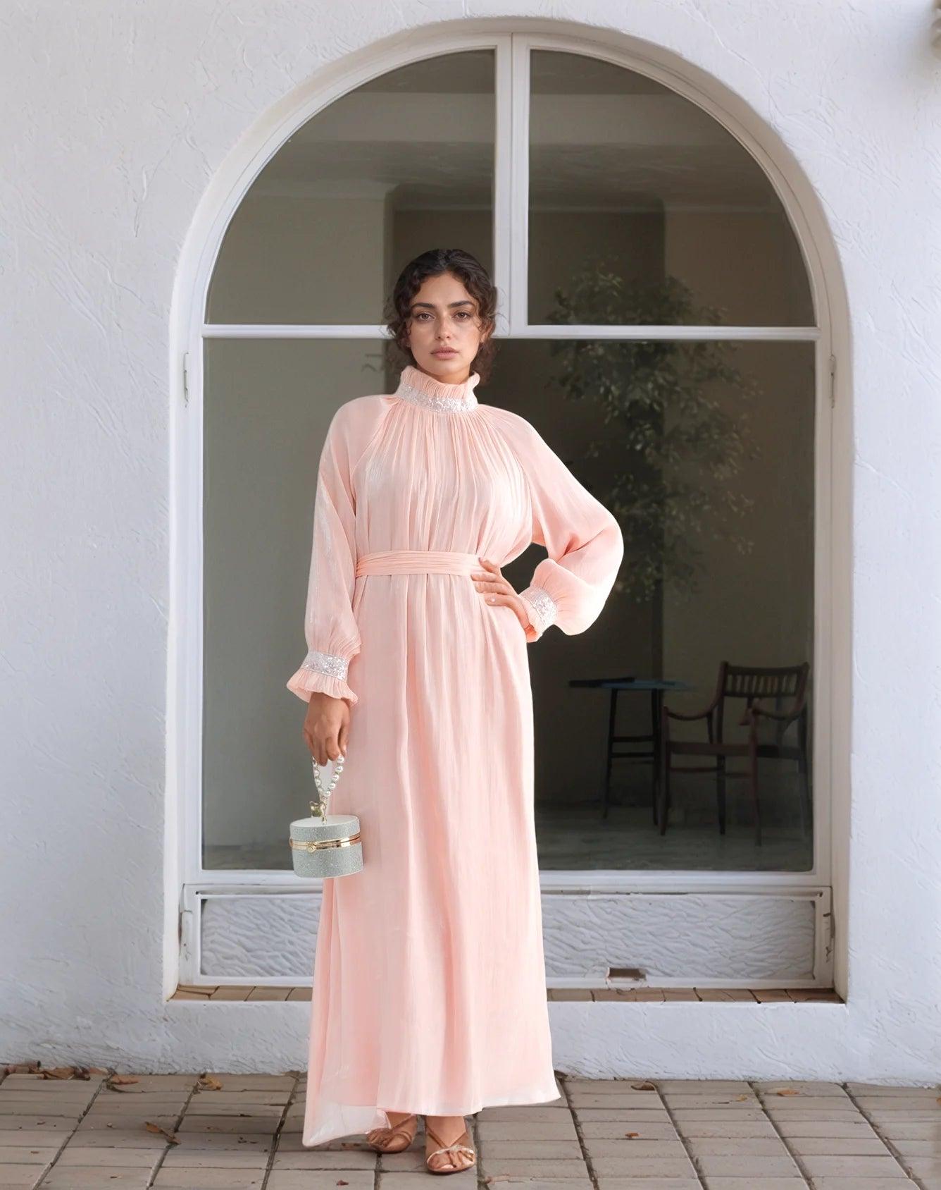 Elegant Shimmering Sequin Abaya Maxi Dress with Belt-PINK - Mahathelabel