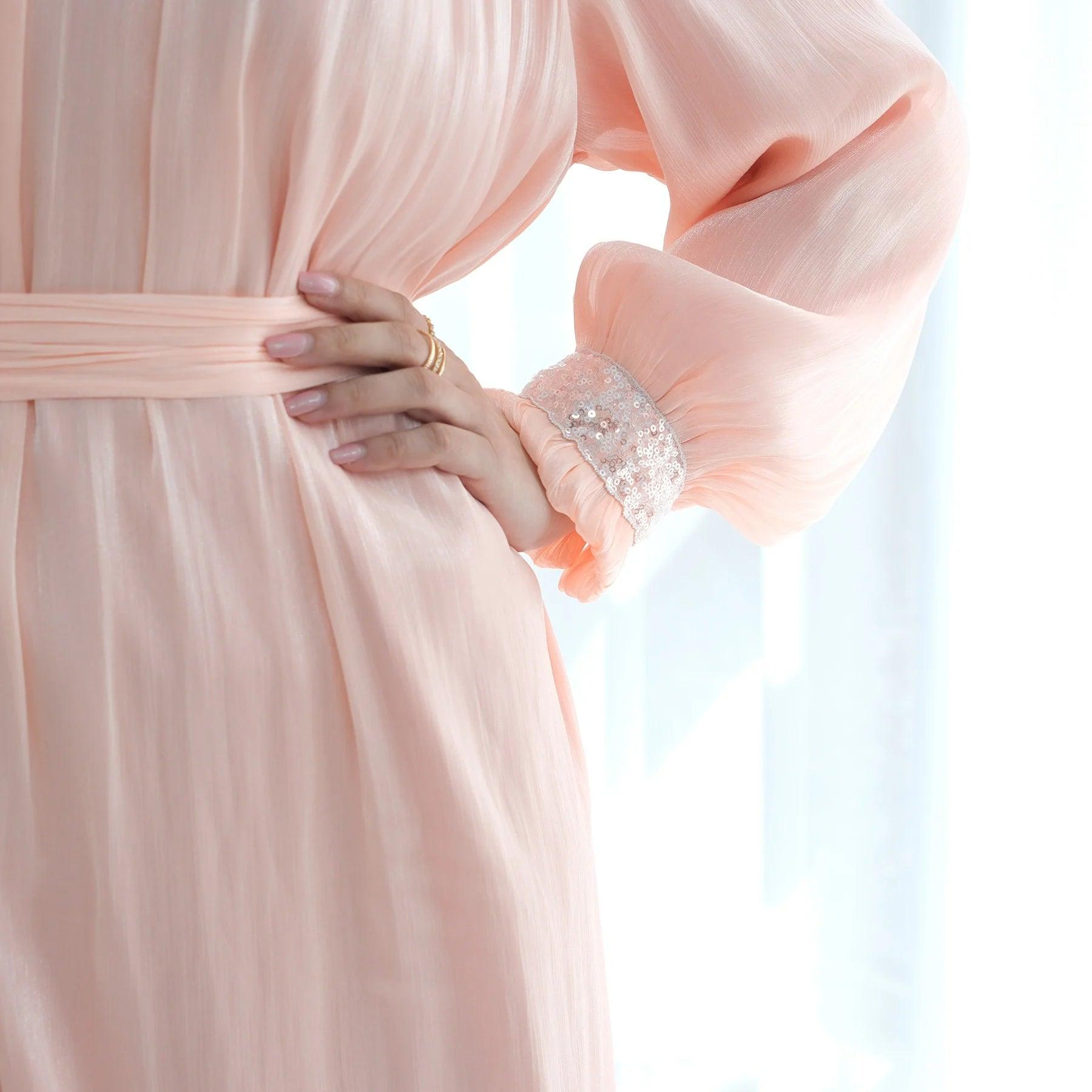 Elegant Shimmering Sequin Abaya Maxi Dress with Belt-PINK - Mahathelabel