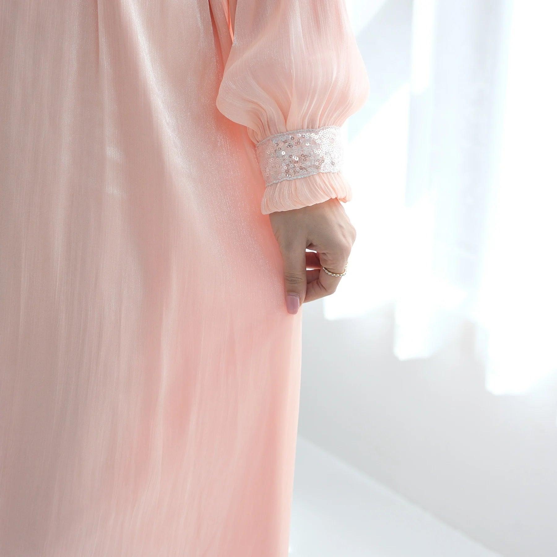 Elegant Shimmering Sequin Abaya Maxi Dress with Belt-PINK - Mahathelabel