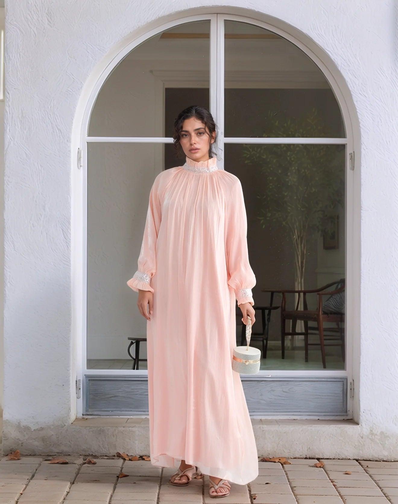 Elegant Shimmering Sequin Abaya Maxi Dress with Belt-PINK - Mahathelabel