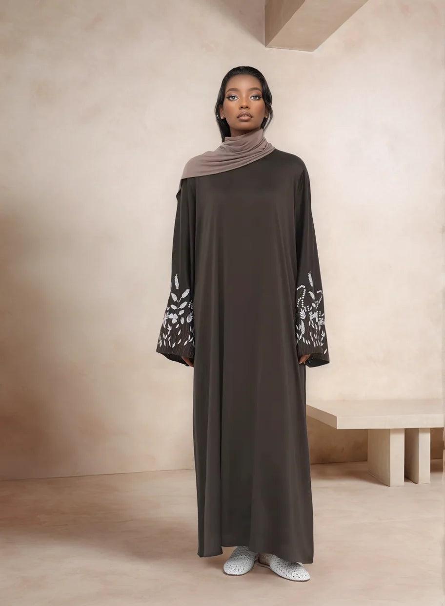 Embroidered Long Sleeve Kaftan Abaya - Premium Modest Wear | Maha The Brown / M Embroidered Long Sleeve Kaftan Abaya - Premium Modest Wear | Maha The Brown / M