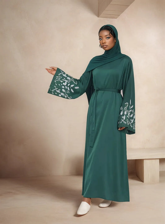 Embroidered Long Sleeve Kaftan Abaya| Modest Dress for Women/Emerald