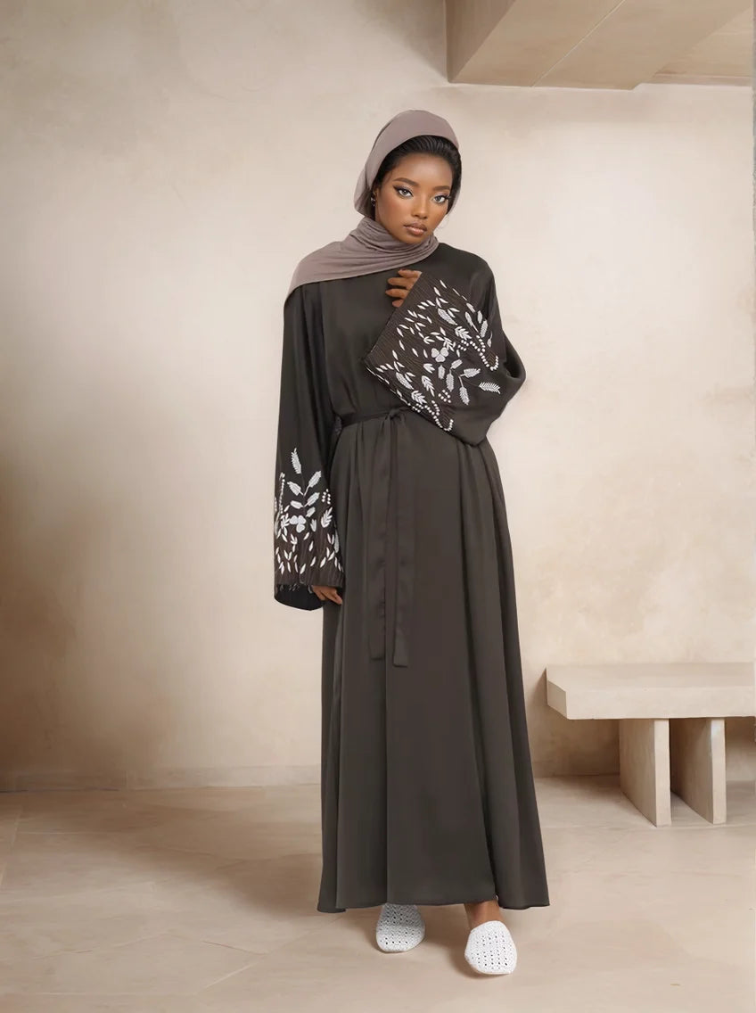 Embroidered Long Sleeve Kaftan Abaya| Modest Dress for Women/BROWN