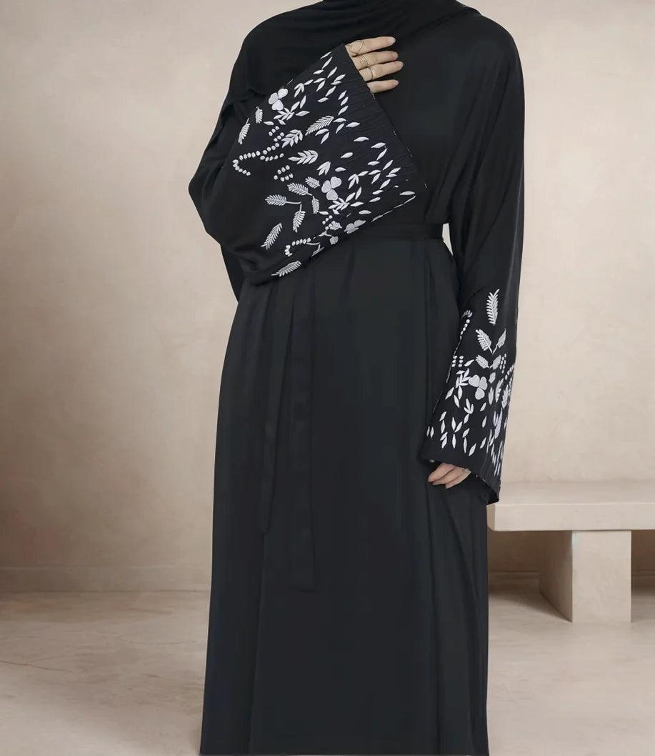 Embroidered Long Sleeve Kaftan Abaya-Black | Modest Dress for Women - Mahathelabel