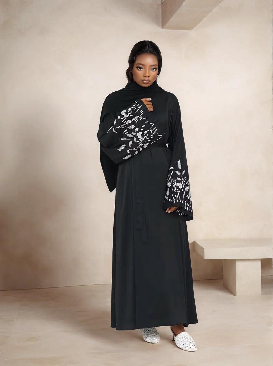 Embroidered Long Sleeve Kaftan Abaya-Black | Modest Dress for Women - Mahathelabel