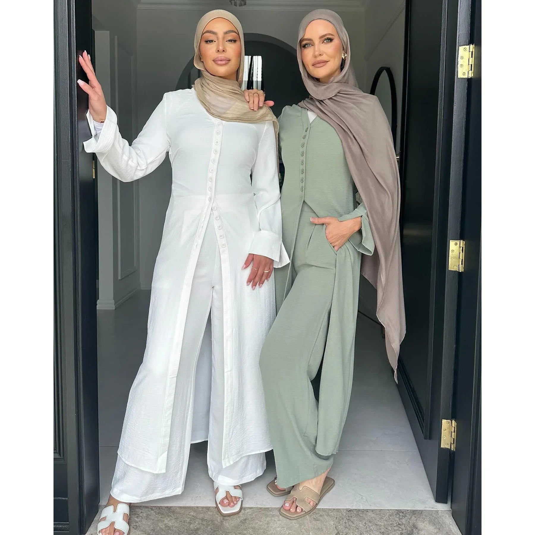 MH35 Samira Ironless Crepe Two-Piece Abaya Set | Buttoned Top & Wide-Leg Jazz Pants for Modest Summer Wear