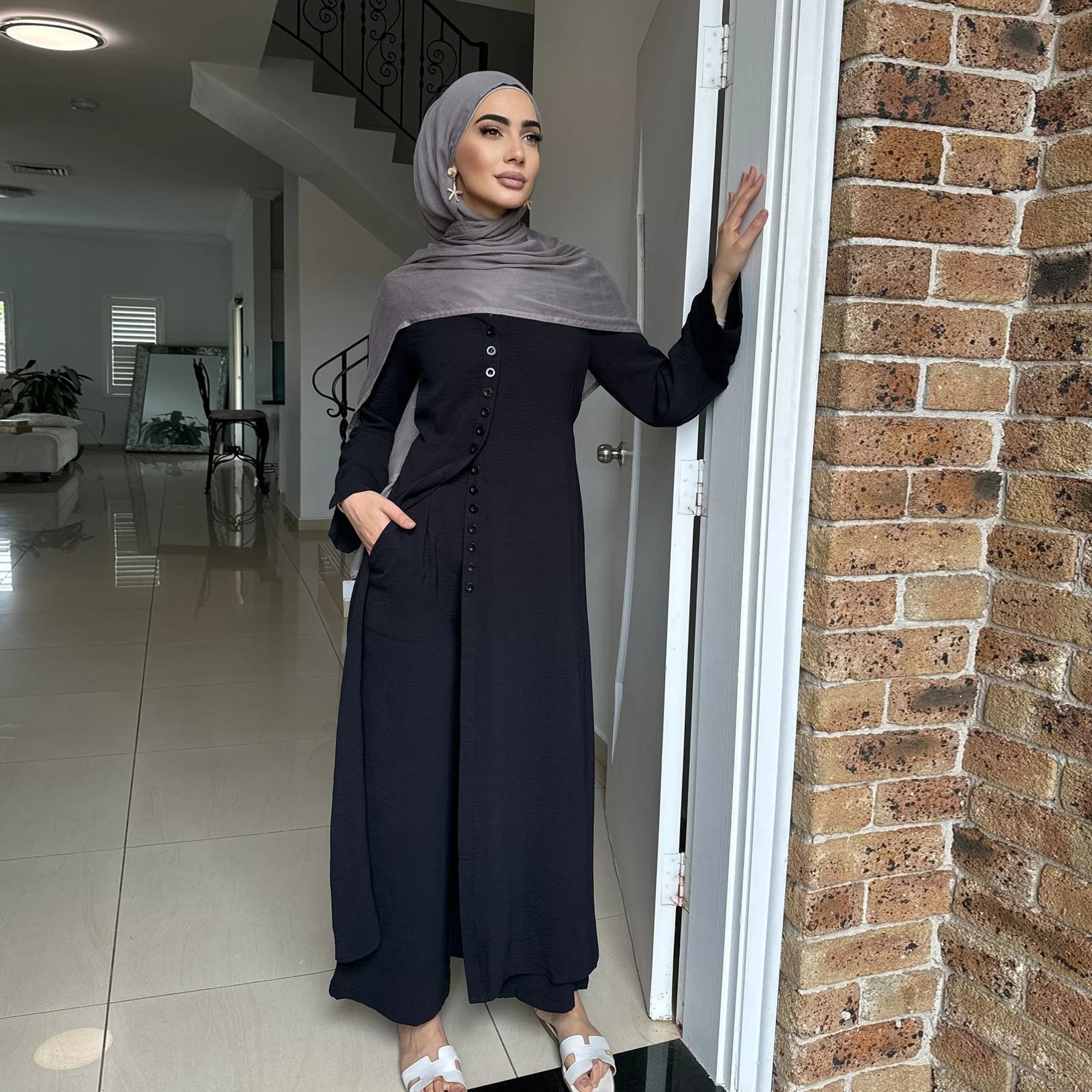 MH35 Samira Ironless Crepe Two-Piece Abaya Set | Buttoned Top & Wide-Leg Jazz Pants for Modest Summer Wear