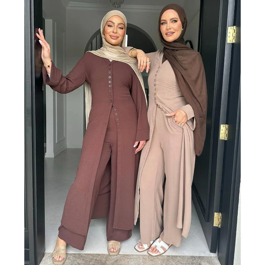 MH35 Samira Ironless Crepe Two-Piece Abaya Set | Buttoned Top & Wide-Leg Jazz Pants for Modest Summer Wear