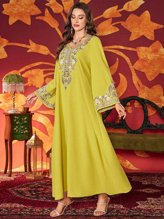 MH87 Luxury Embroidered Abaya Dress | Modest Maxi Kaftan with Rhinestone Details