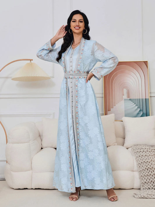 MH073 Elegant Summer 2-Piece Abaya Set – Sleeveless Dress & Embroidered Robe