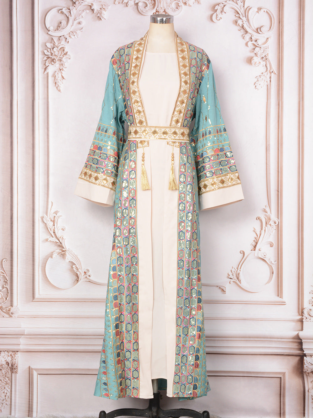 MH130 Luxury Beaded Open Abaya Set – Embroidered Modest Eid Kimono Dress for Muslim Women