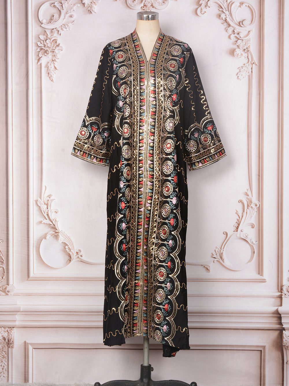 MH132 Sequin Embroidered Abaya Dress – Elegant V Neck Modest Maxi Kaftan for Muslim Women