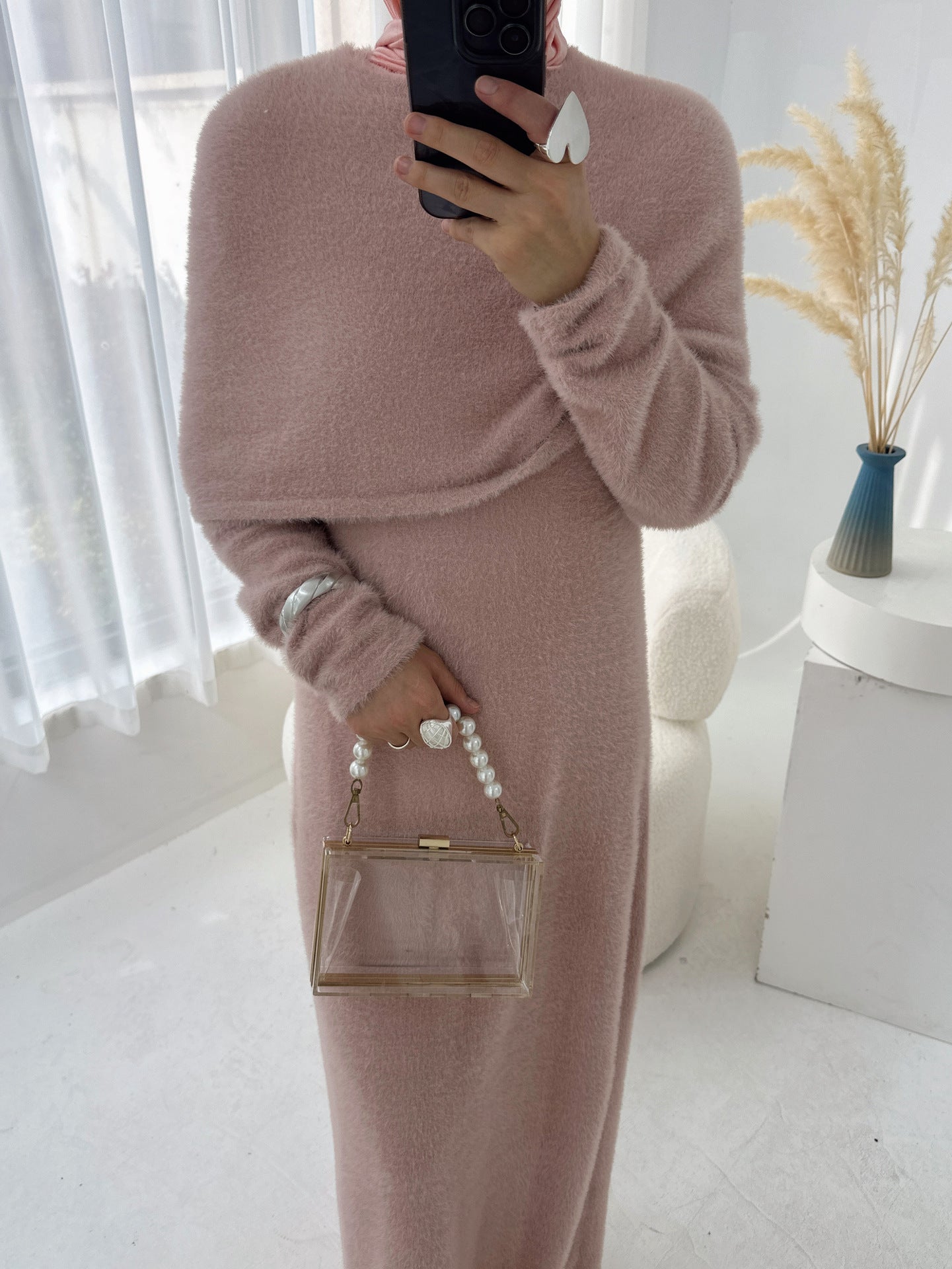MH125 Faux Mink Knit Maxi Dress & Cape Set – Soft Winter Modest Two-Piece