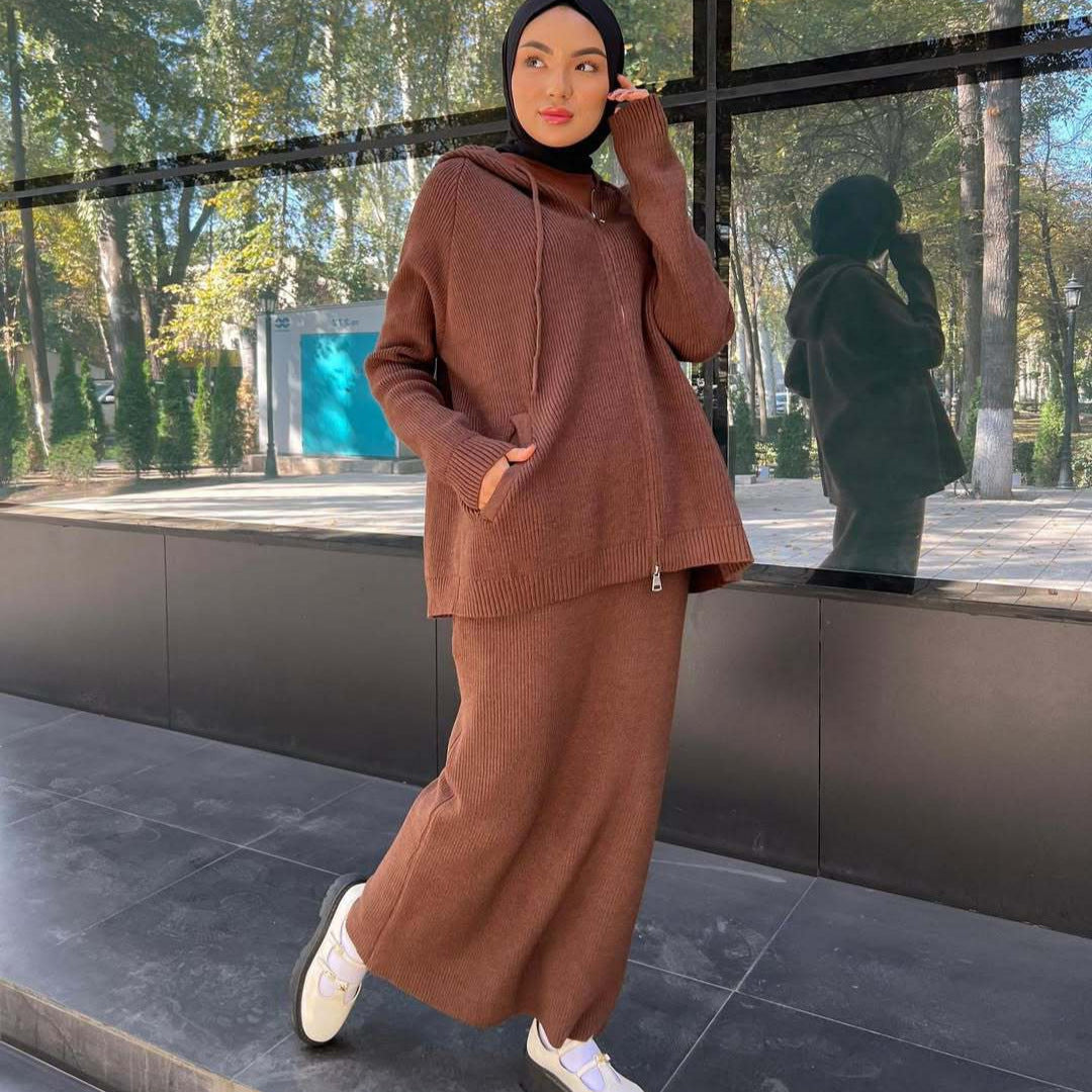 MH101 Modest Knit Hoodie & Skirt Set – Soft Ribbed Two-Piece Outfit