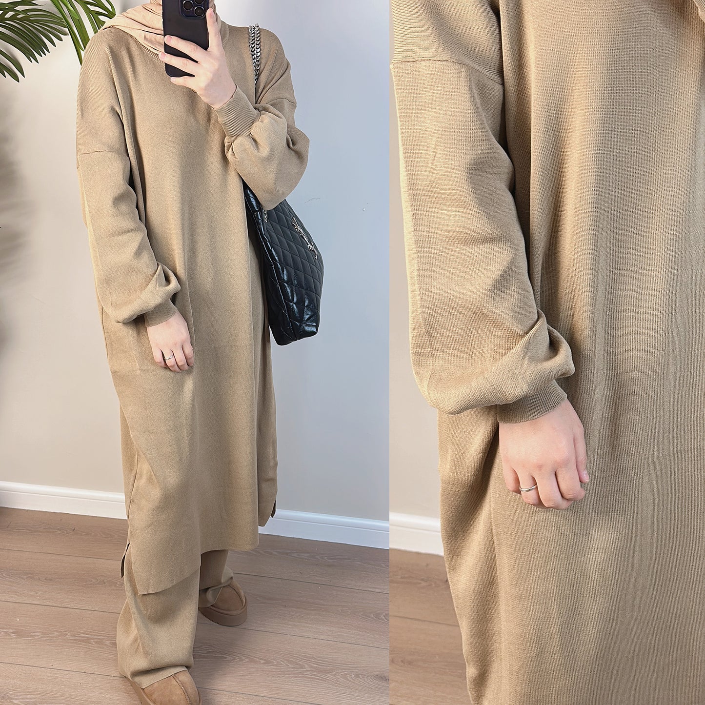 MH77 Thick Knit Sweater Dress + Wide-Leg Pants Set – Modest Two-Piece