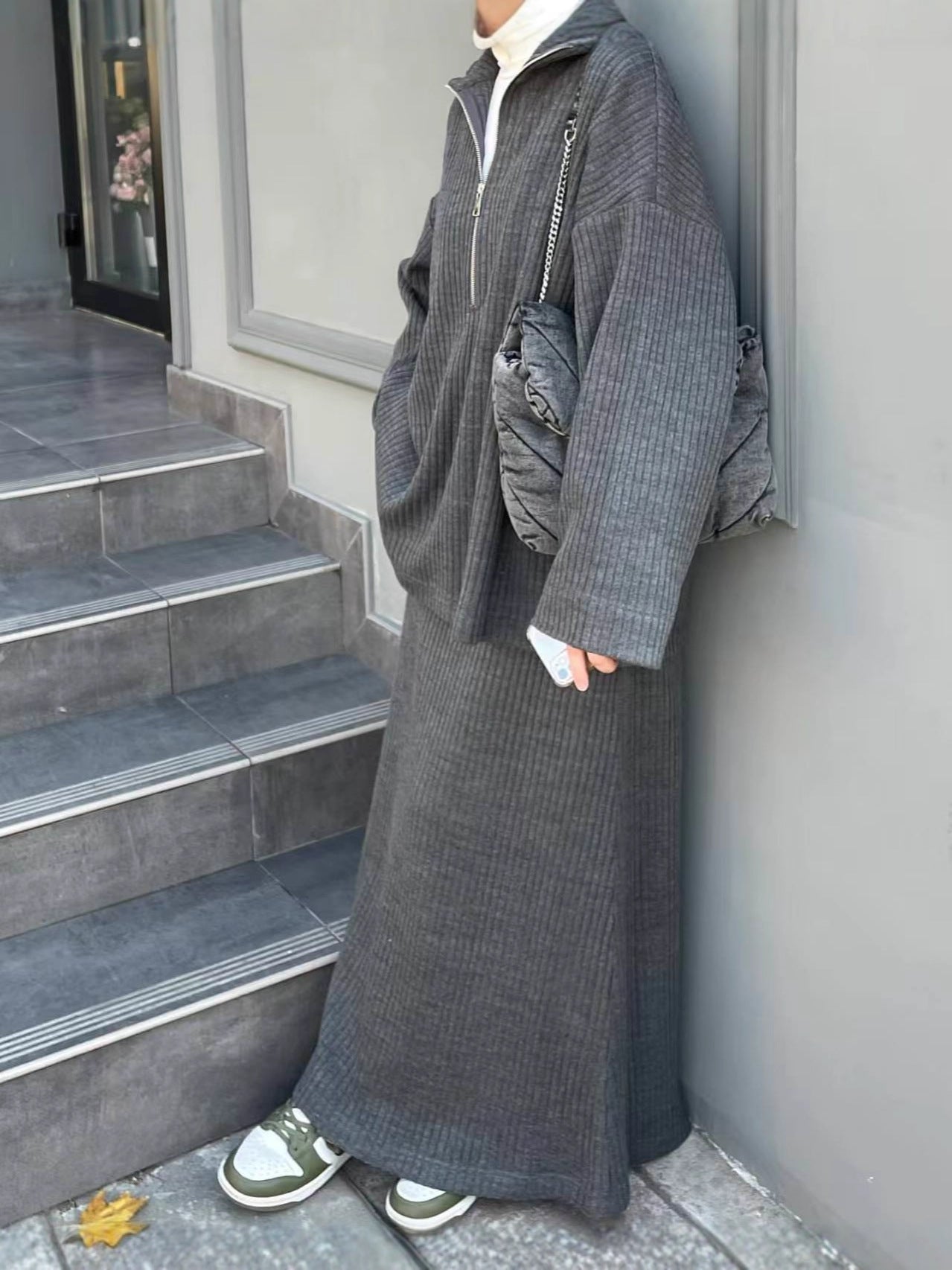 MH128 Women's Oversized Half Zip Knit Set – High Neck Sweater and Long Skirt Modest Matching Outfit