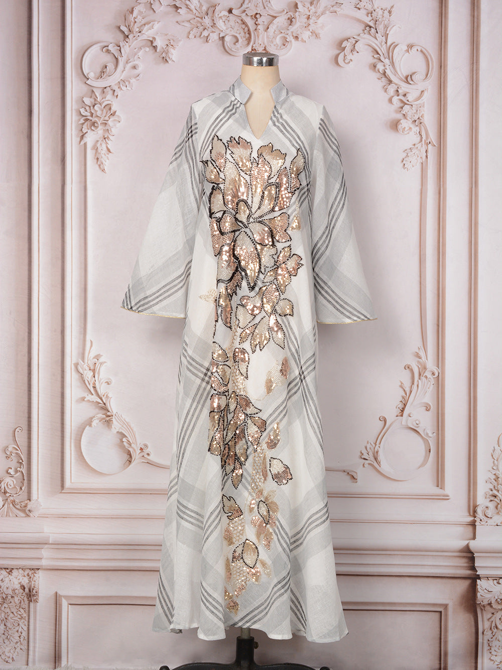 MH128 Plaid Sequin Embroidered Abaya Dress – Elegant Modest Party Maxi for Muslim Women