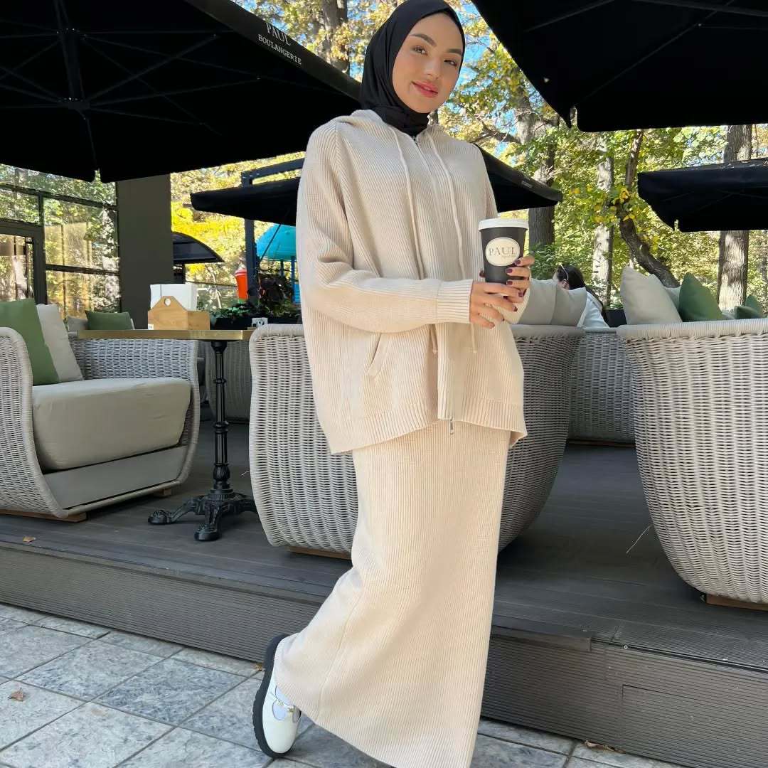 MH101 Modest Knit Hoodie & Skirt Set – Soft Ribbed Two-Piece Outfit
