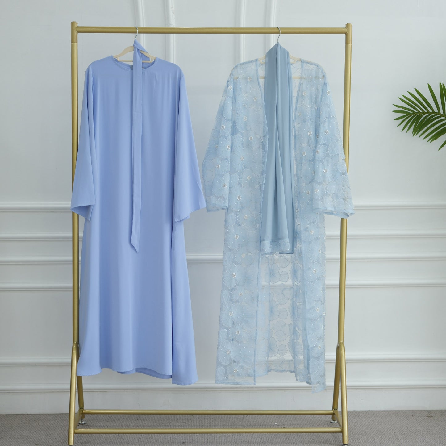 MH90 Beaded Lace Abaya Set – Embroidered Open Abaya, Optional Hijab & Inner Dress