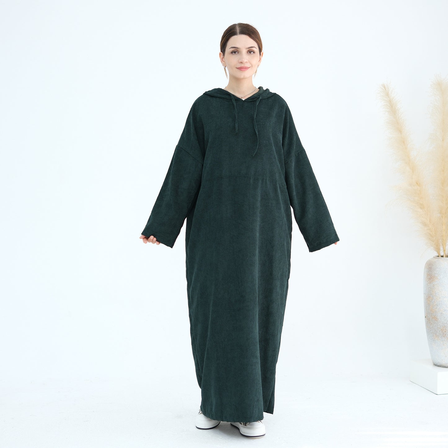 MH95 Corduroy Hooded Abaya with Pockets – Winter Casual Maxi Dress