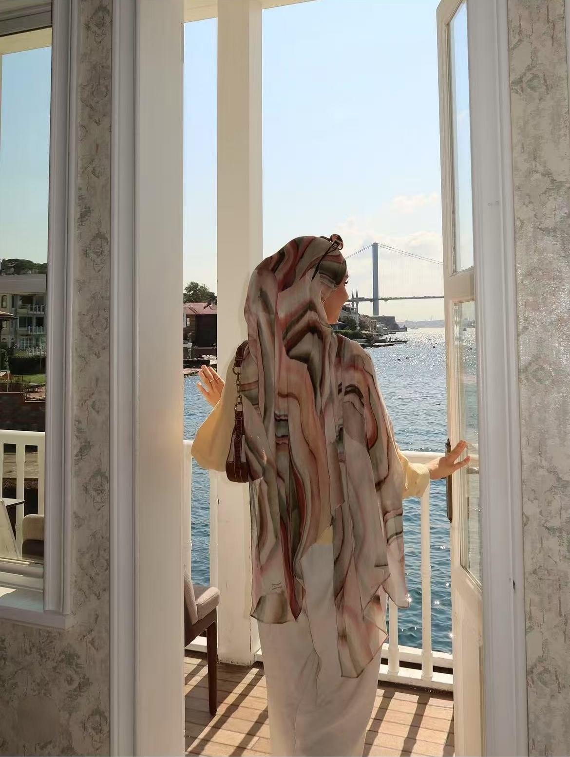 Women's Watercolor Print Hijab Scarf 80x180cm - Summer Beach Turban Headscarf with Sun Protection