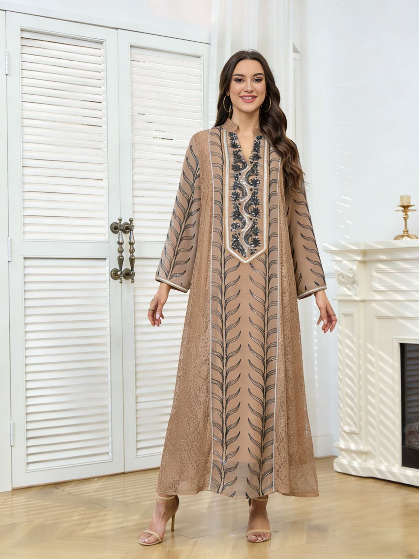 MH129 Beaded Embroidered Abaya Set – Elegant Mesh Modest Eid Dress for Muslim Women