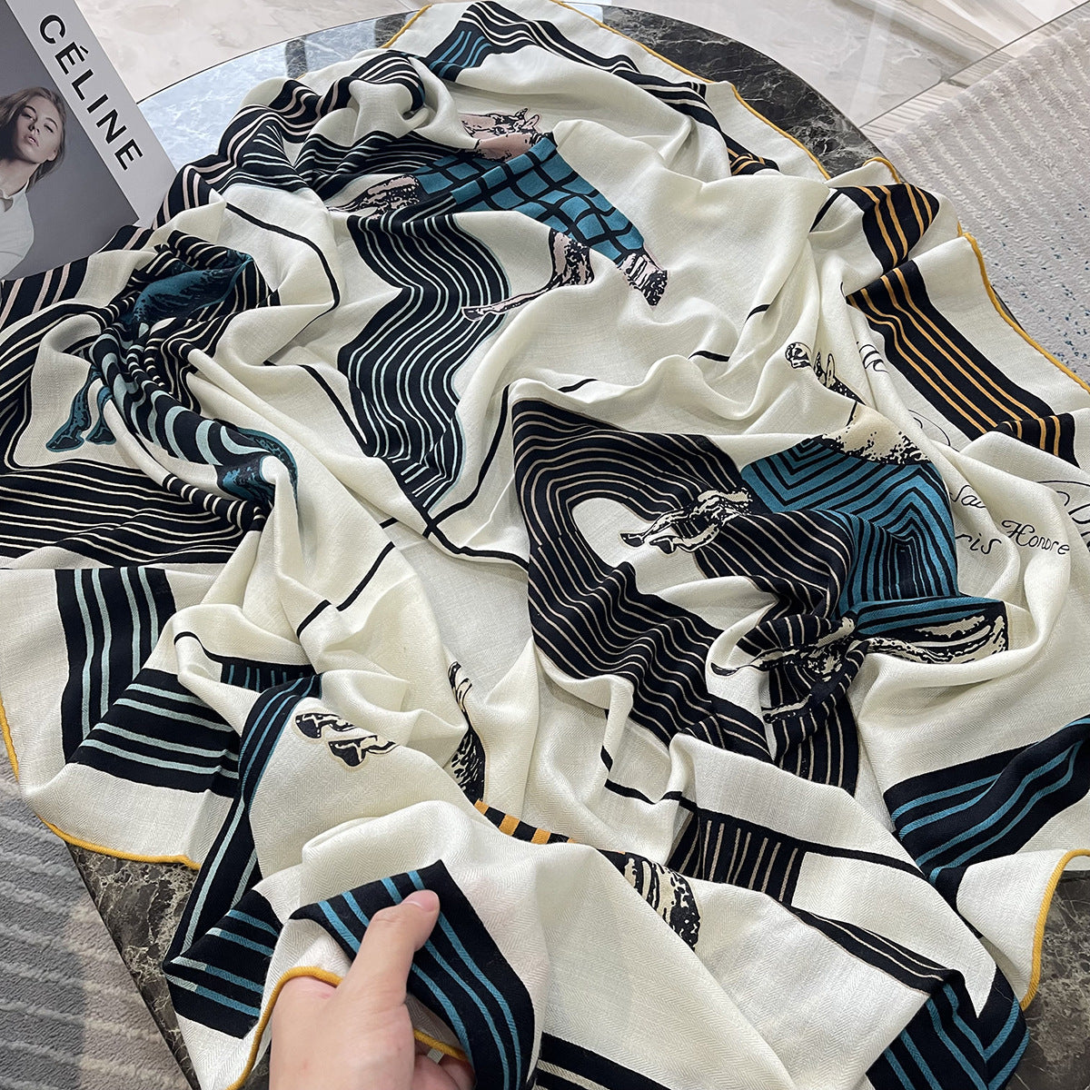 MH112 Silk Cashmere Scarf - Warm Wool Square Shawl Tropical Print