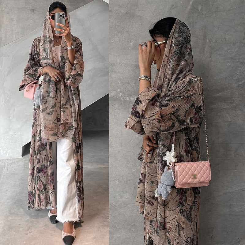 MH121 | Printed Floral Open Abaya Cardigan | Modest Kimono Robe for Women
