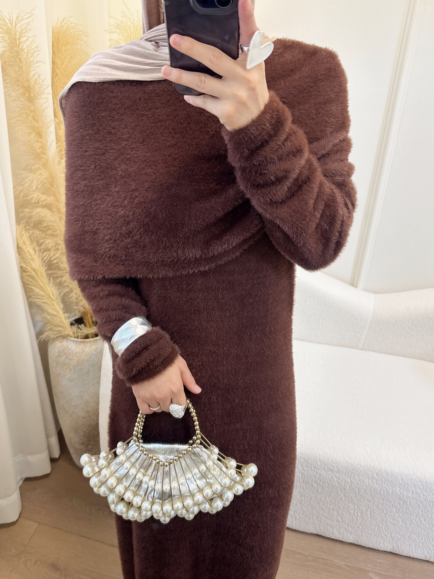 MH125 Faux Mink Knit Maxi Dress & Cape Set – Soft Winter Modest Two-Piece