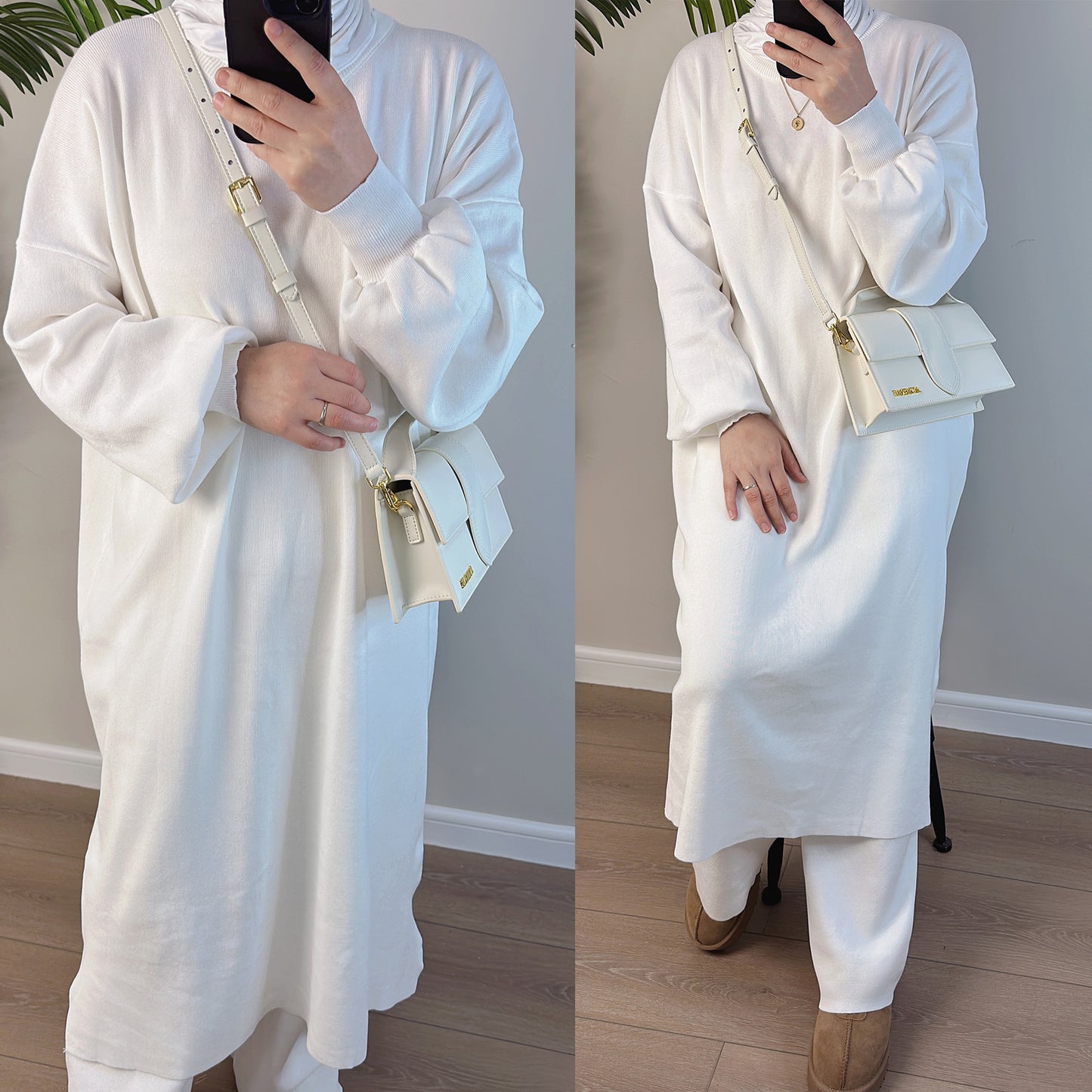 MH77 Thick Knit Sweater Dress + Wide-Leg Pants Set – Modest Two-Piece