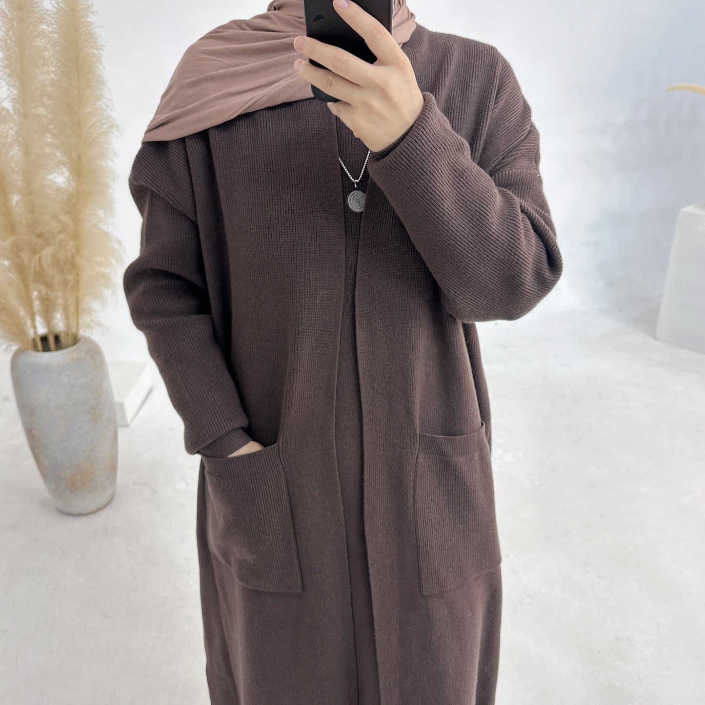 MH82 Winter Knit Abaya Set – 2-Piece Modest Co-ord (Open Cardigan + Inner Dress) with Pockets
