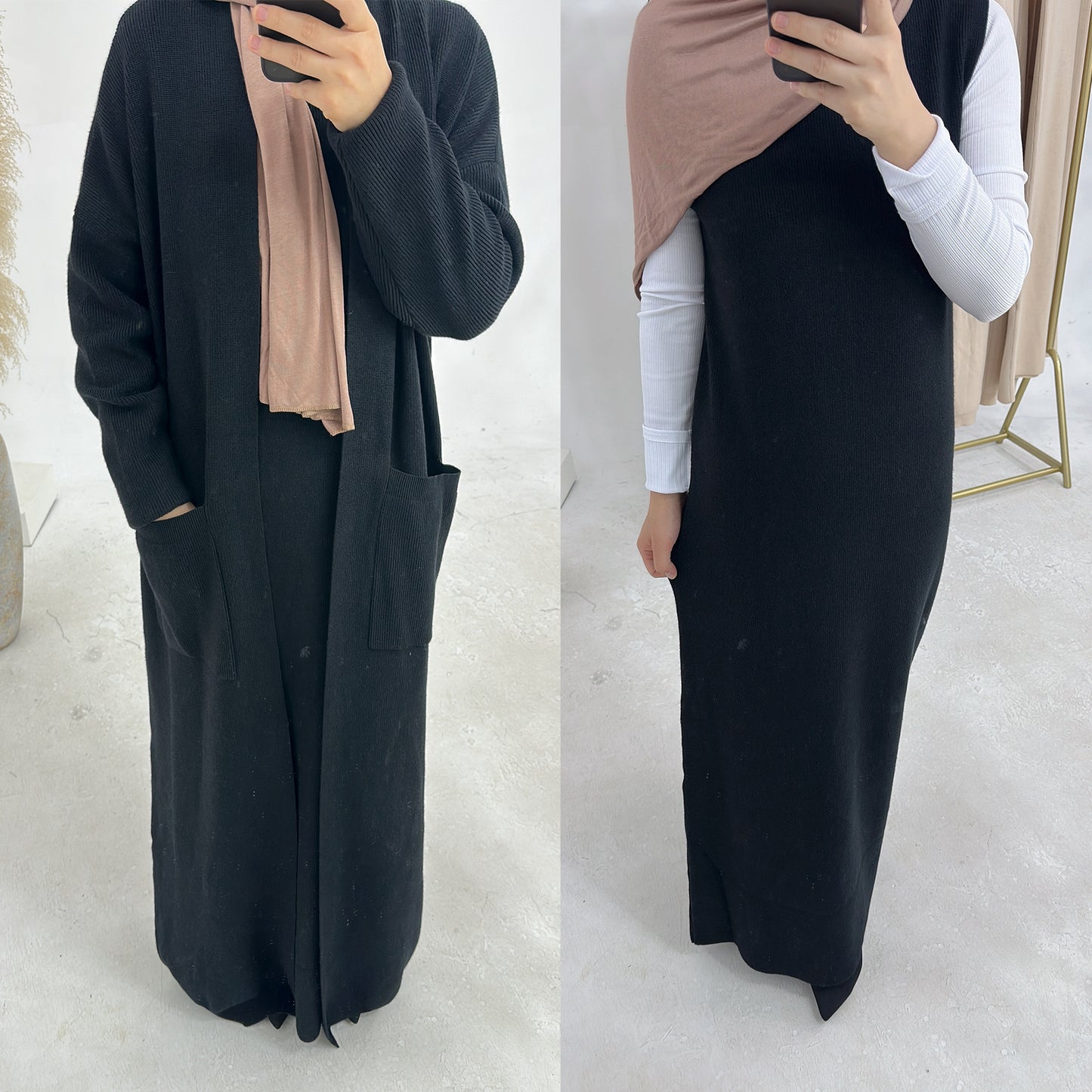MH82 Winter Knit Abaya Set – 2-Piece Modest Co-ord (Open Cardigan + Inner Dress) with Pockets