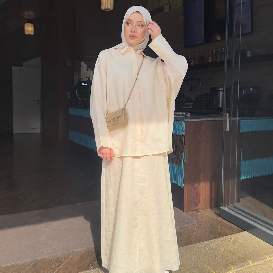 | Retro Lapel Cardigan Shirt & Long Skirt Set | Loose Modest | front view | Maha The Label modest fashion outfit