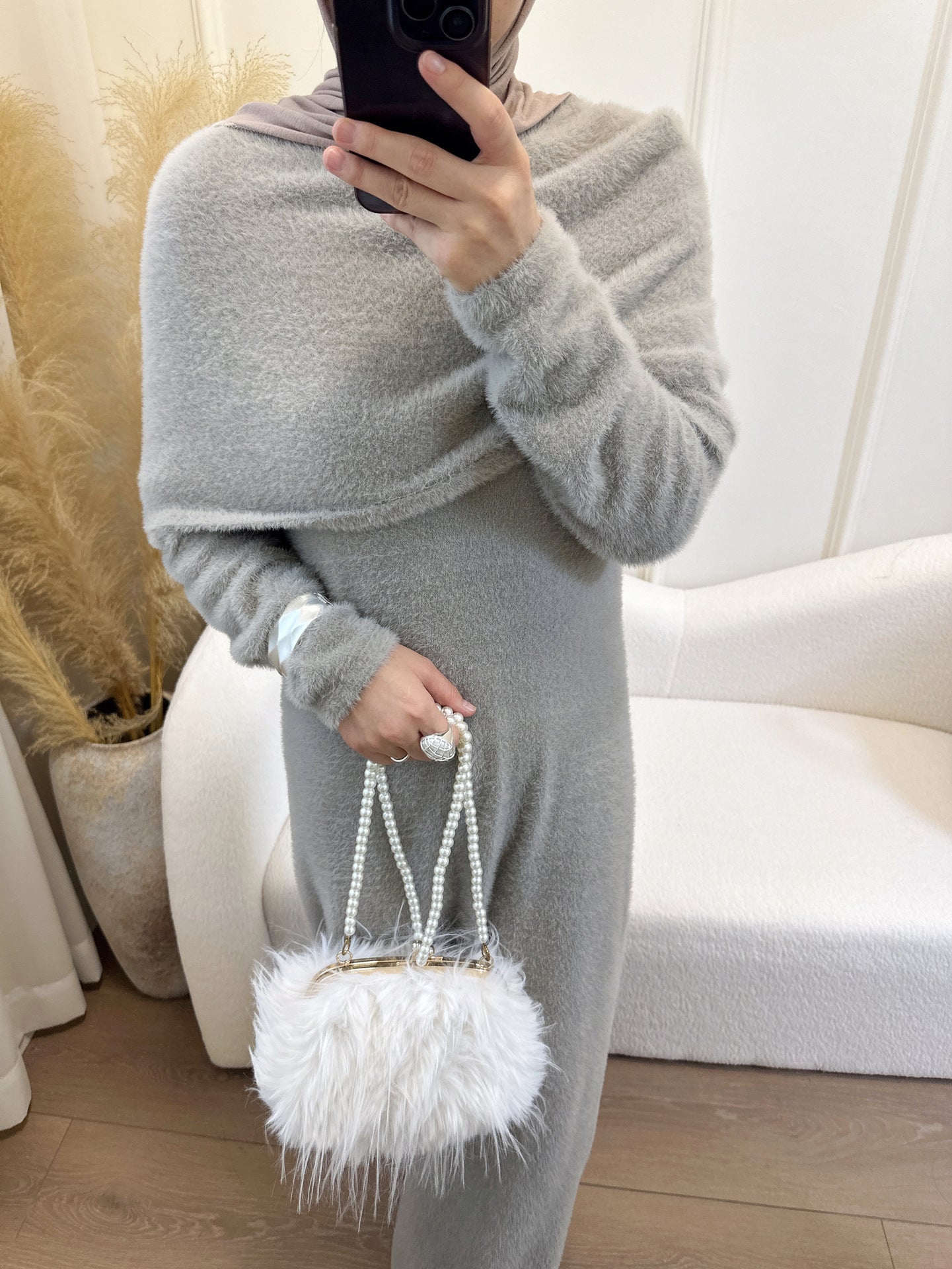MH125 Faux Mink Knit Maxi Dress & Cape Set – Soft Winter Modest Two-Piece
