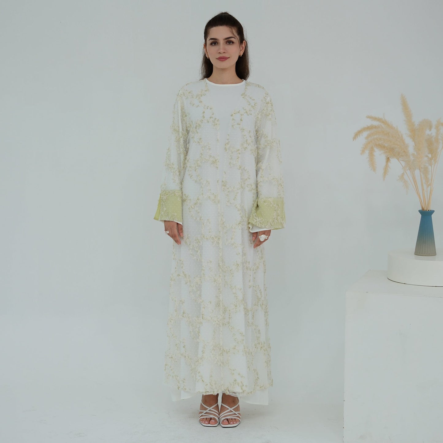 MH135 3D Floral Mesh Cardigan Abaya Set with Hijab – Elegant Modest Open Front Dress for Muslim Women