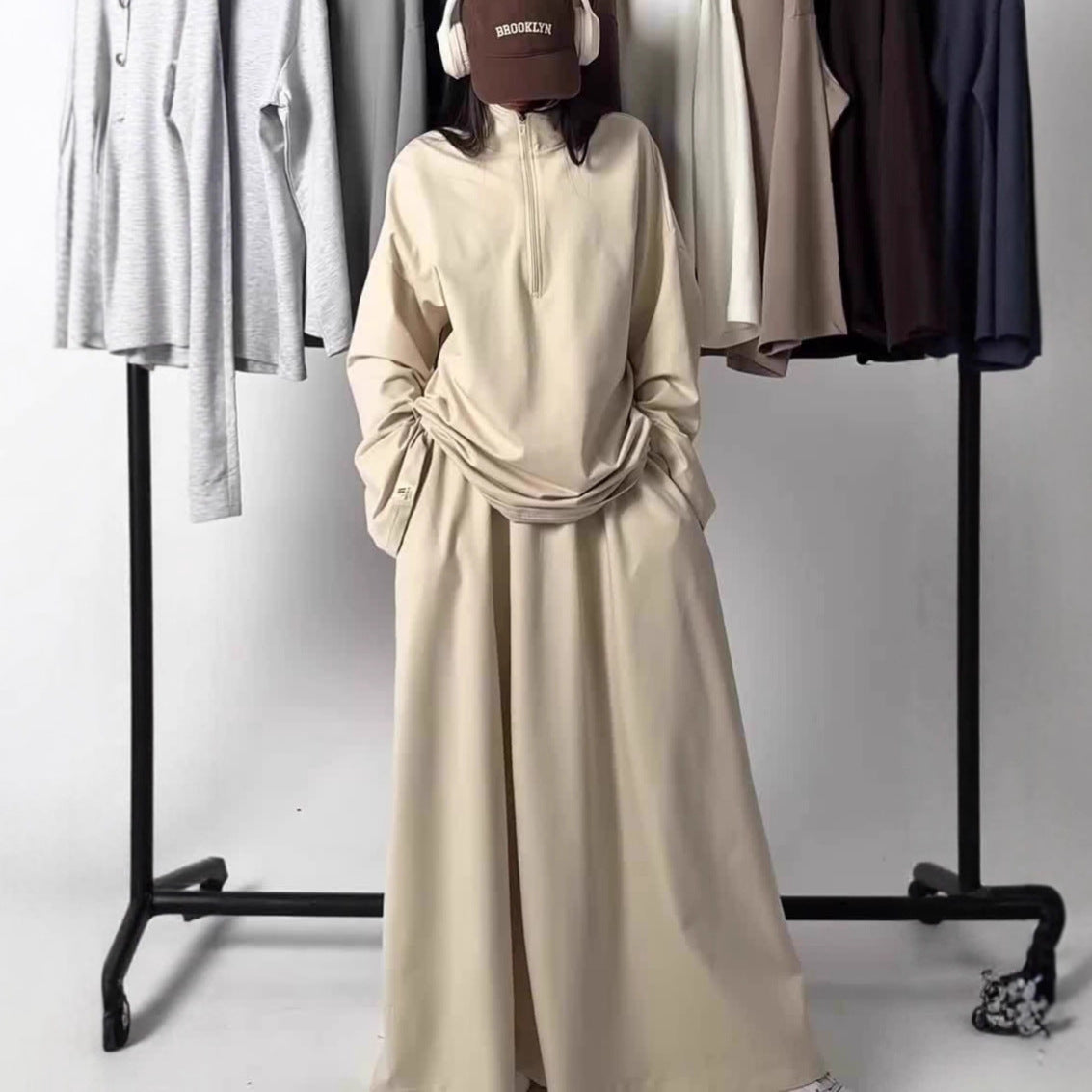 MH126 Modest Half-Zip Top and Maxi Skirt Set – Loose Casual Two Piece Outfit