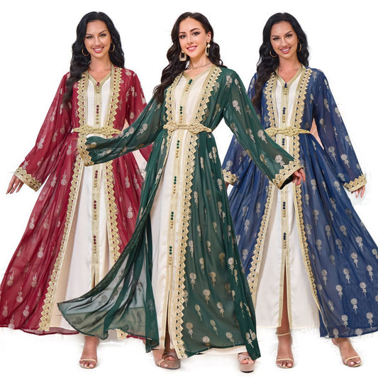 MH127 Embroidered Two Piece Abaya Set – Luxury Open Front Cardigan Abaya Dress for Eid & Formal Wear