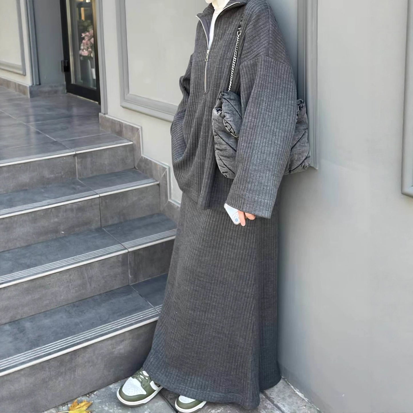 MH128 Women's Oversized Half Zip Knit Set – High Neck Sweater and Long Skirt Modest Matching Outfit