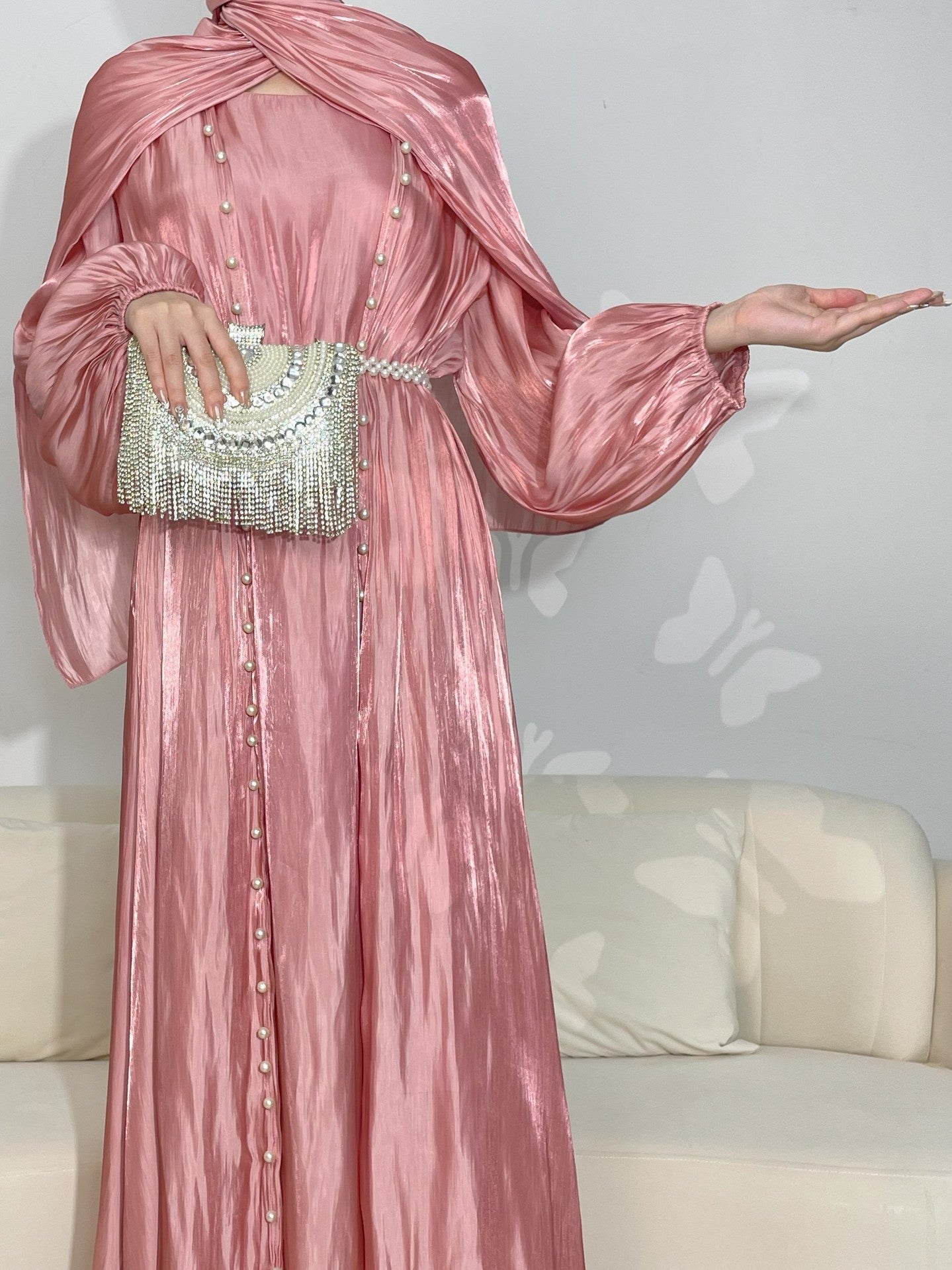 | Silk Chiffon Modest Set with Hijab, Inner & Outer Skirt + | model wearing | Maha The Label modest fashion outfit