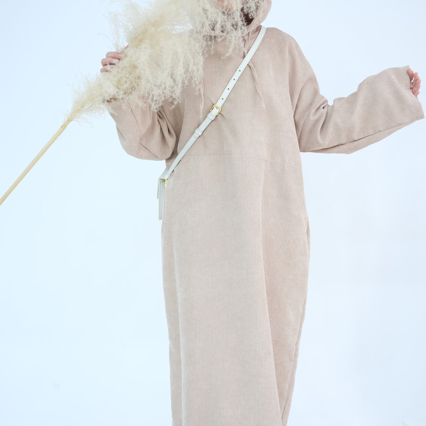 MH95 Corduroy Hooded Abaya with Pockets – Winter Casual Maxi Dress