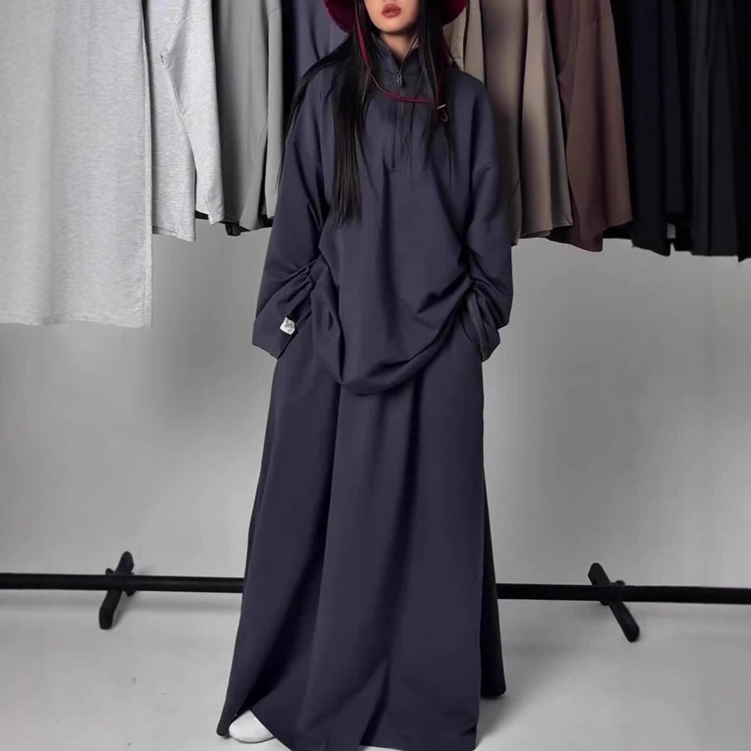 MH126 Modest Half-Zip Top and Maxi Skirt Set – Loose Casual Two Piece Outfit