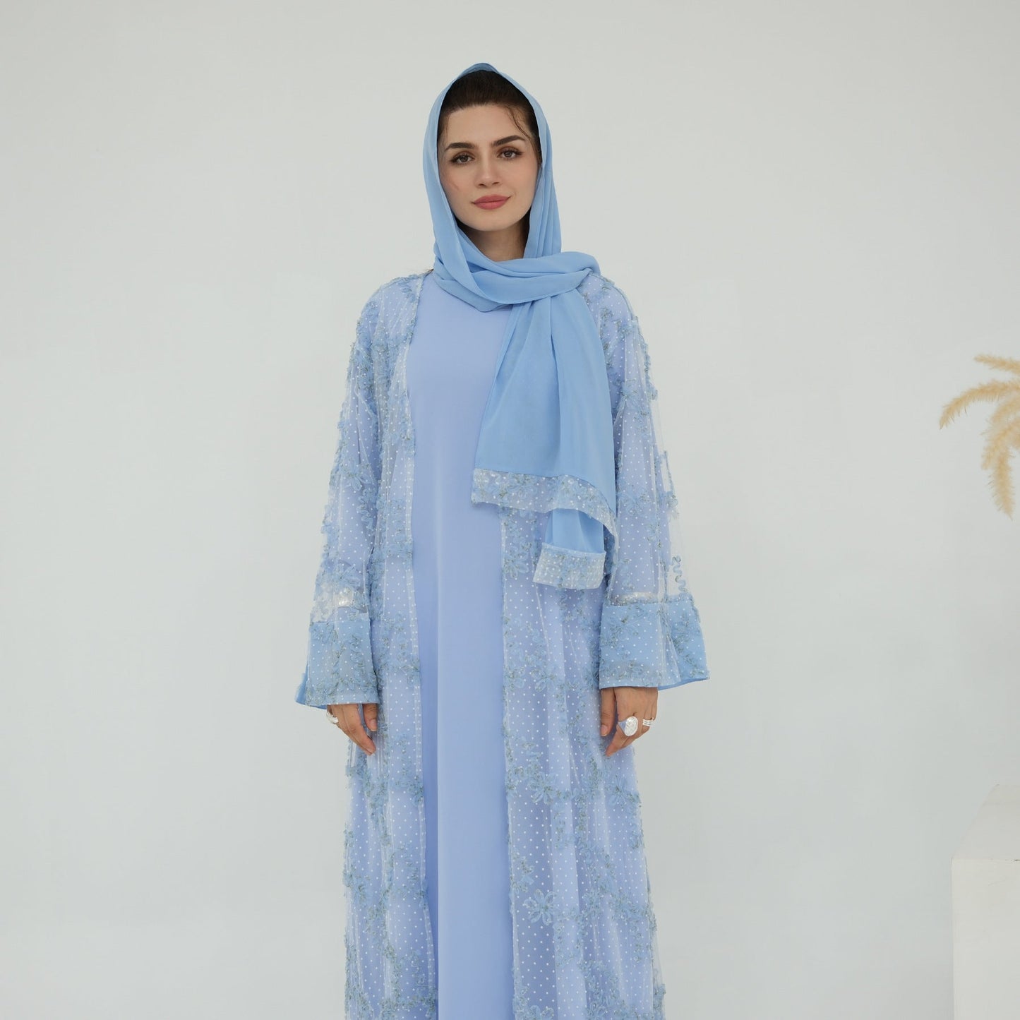 MH135 3D Floral Mesh Cardigan Abaya Set with Hijab – Elegant Modest Open Front Dress for Muslim Women