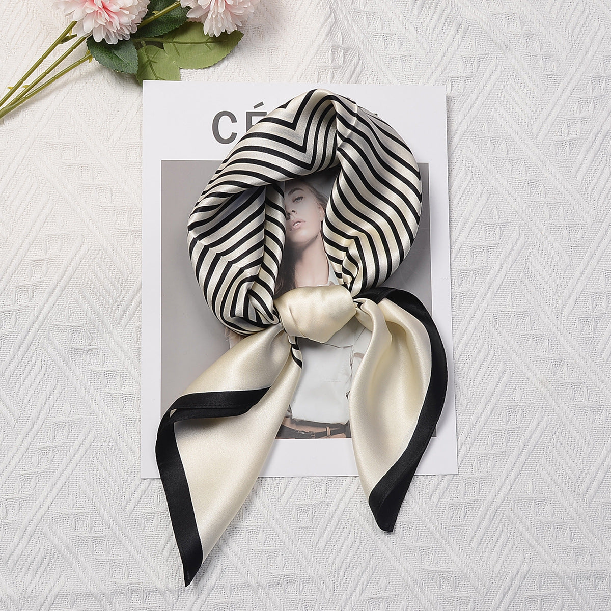 MH113 Silk Scarf Women Spring - Striped Mulberry Square UV Protection 1